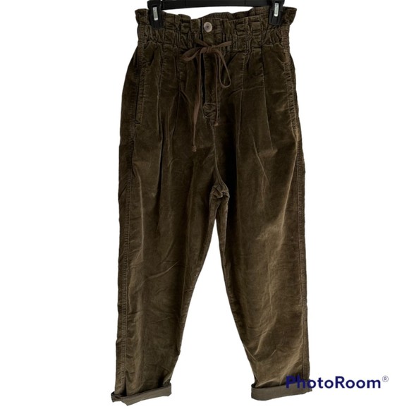 Free People Margate Brown Pleated High Rise Paper Bag Cord Ladies Trousers, XS - Picture 1 of 11